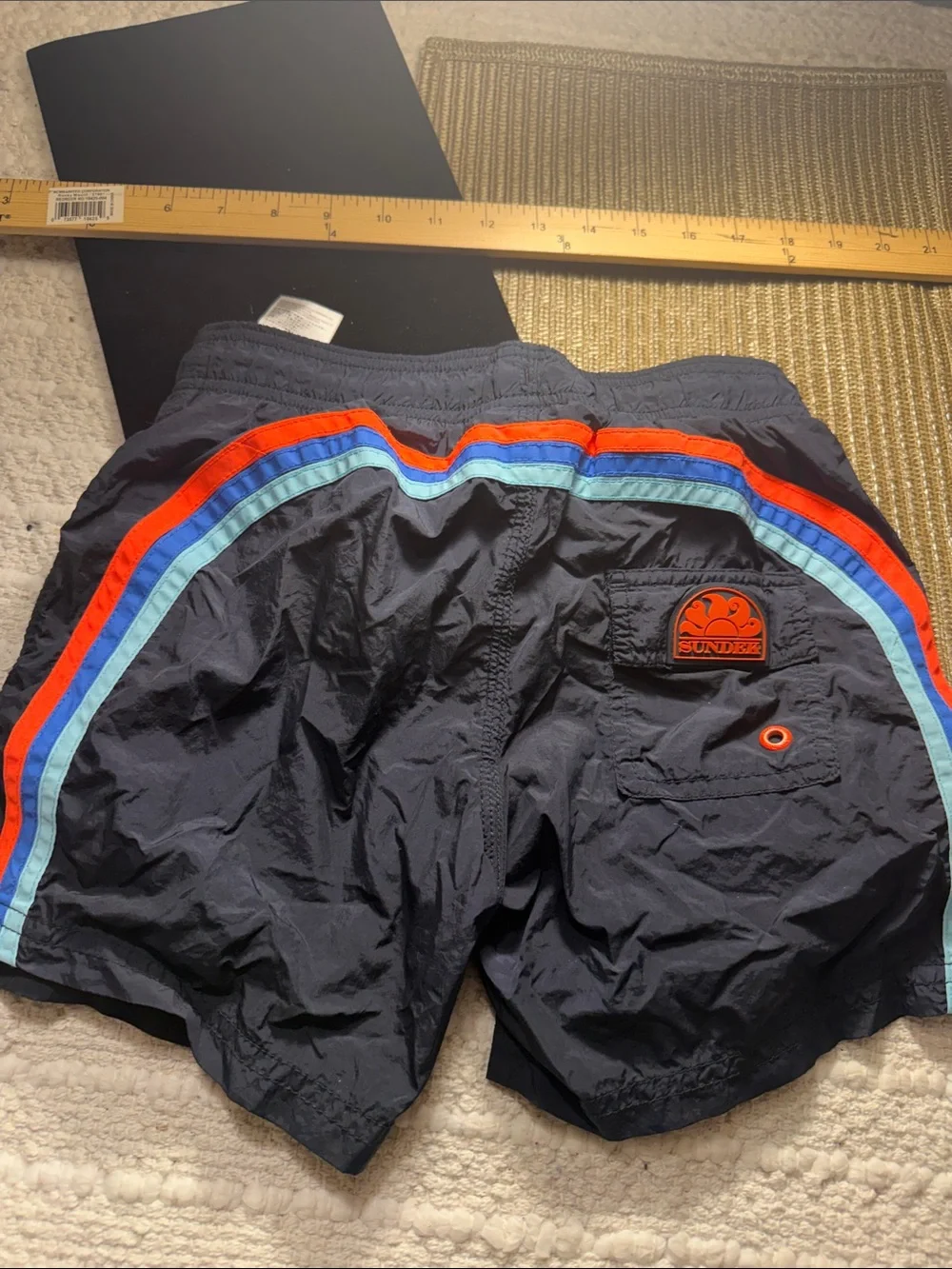 Sundek Boys Youth Size 10 Navy Swim Trunks Rainbow Stripe Board Shorts Beach